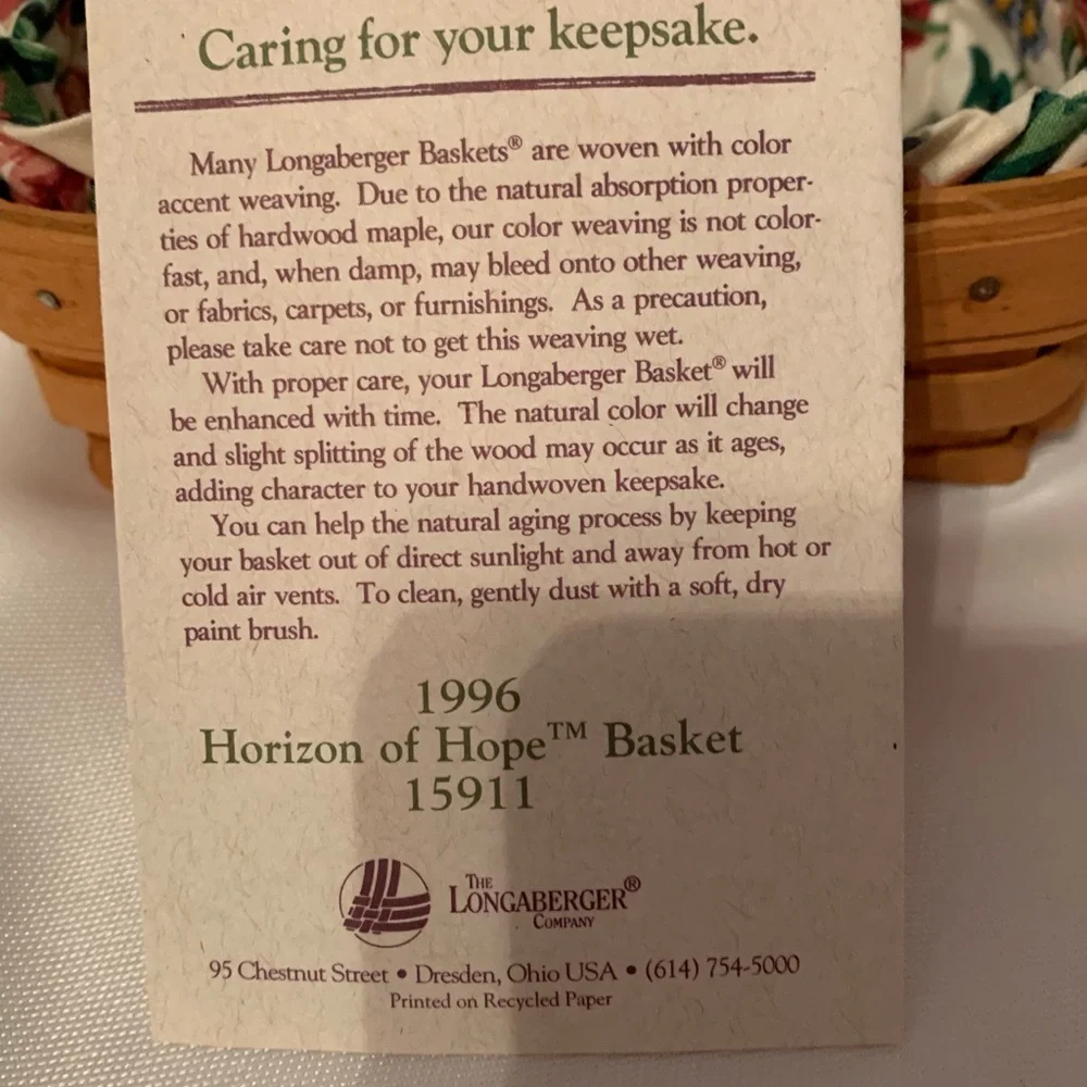 Longaberger 1996 Horizon Of Hope Cancer Basket. 2nd In The Series.